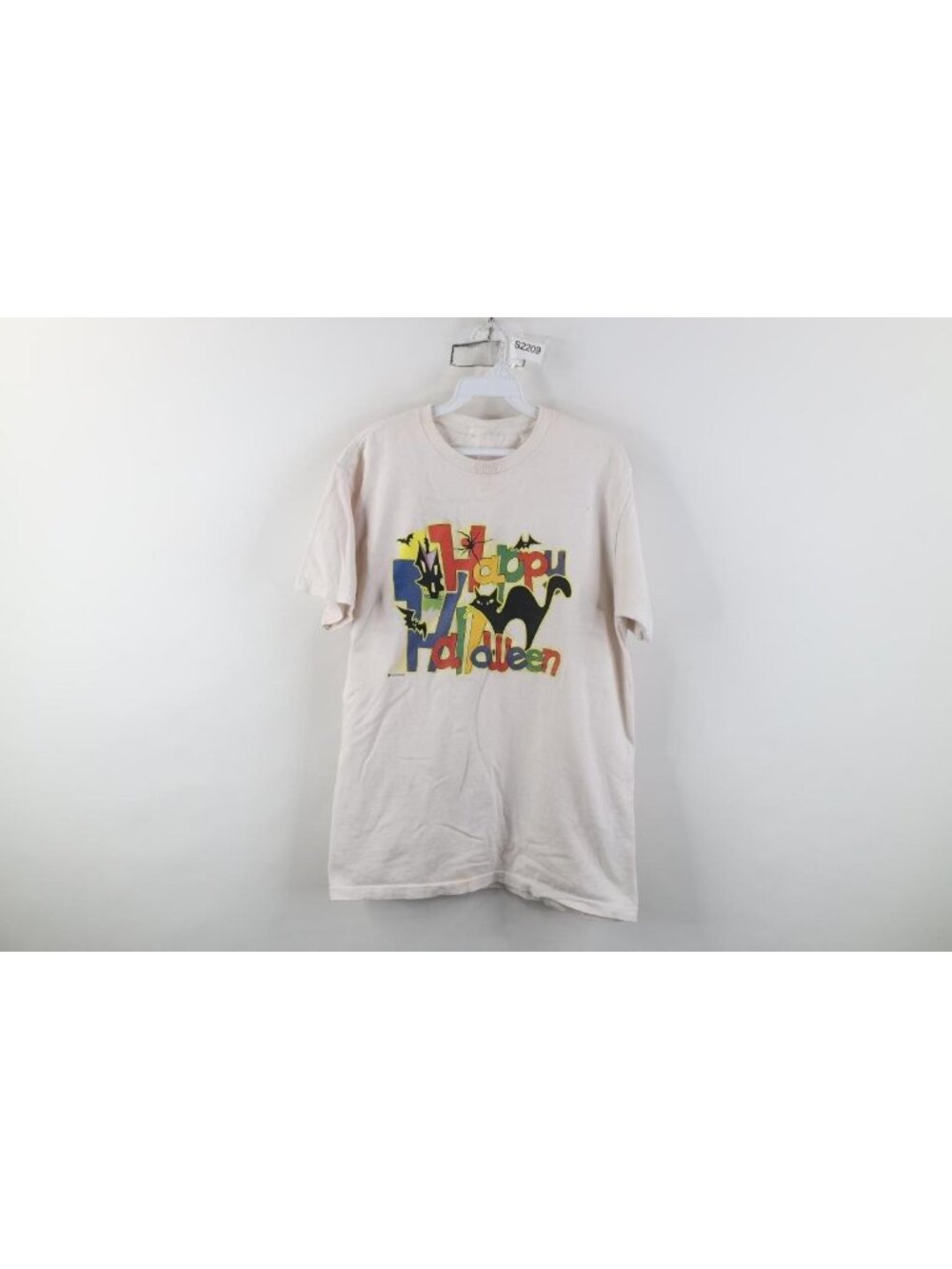 Vintage 90s Womens Large Distressed Happy Halloween Black Cat Bat T-Shirt Pink